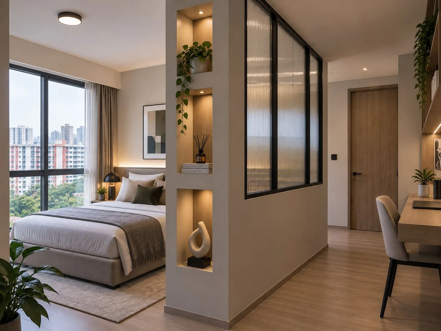 HDB bedroom divided from a study nook by a glass-panel partition