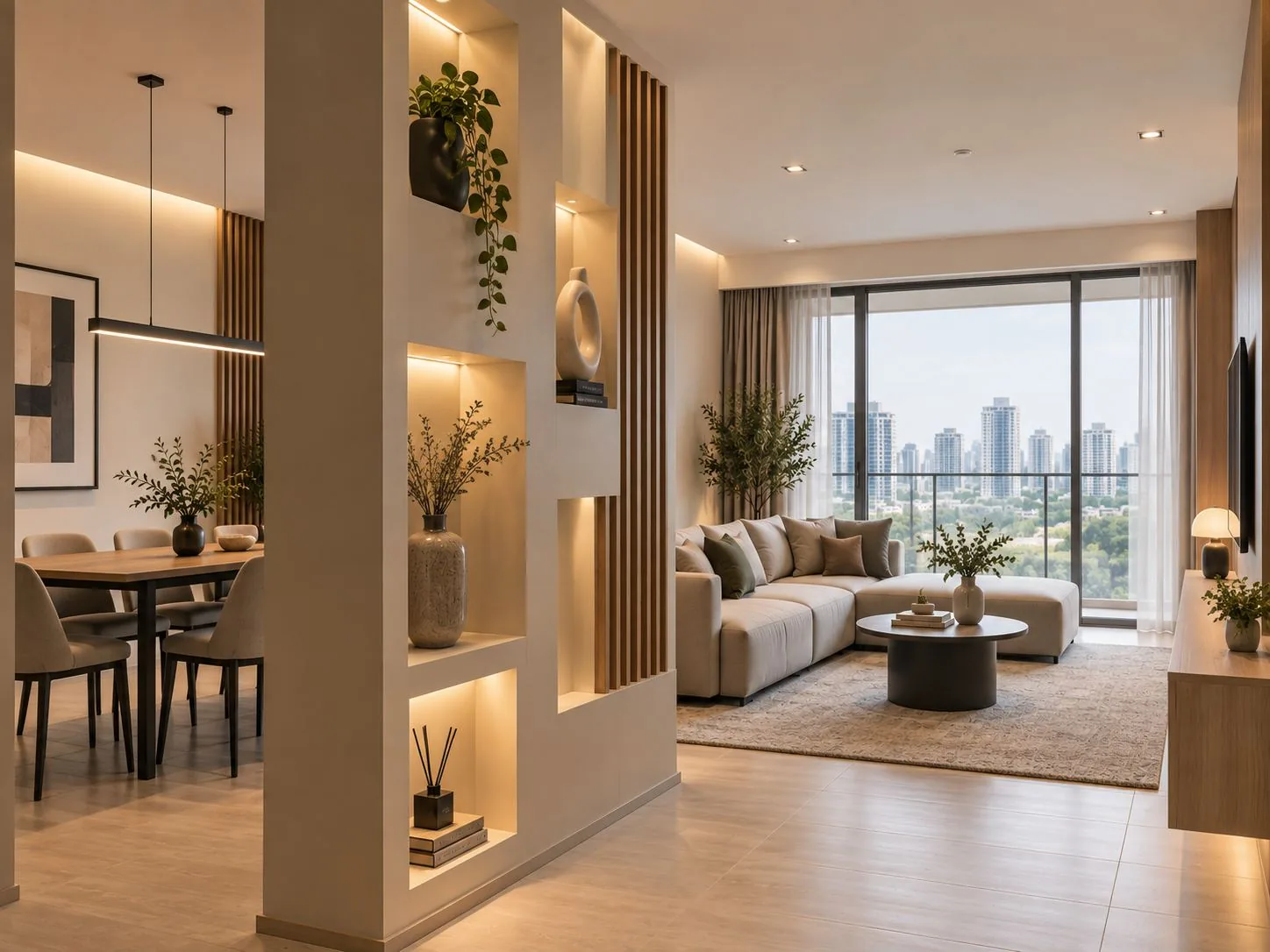 Condo living and dining area divided by a slatted feature partition