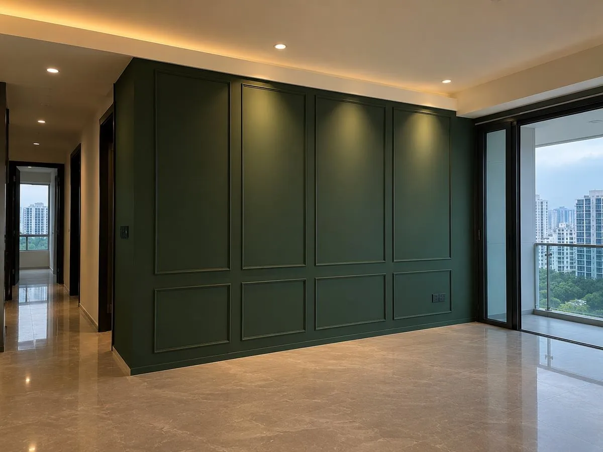 Deep green panelled feature wall in a living room
