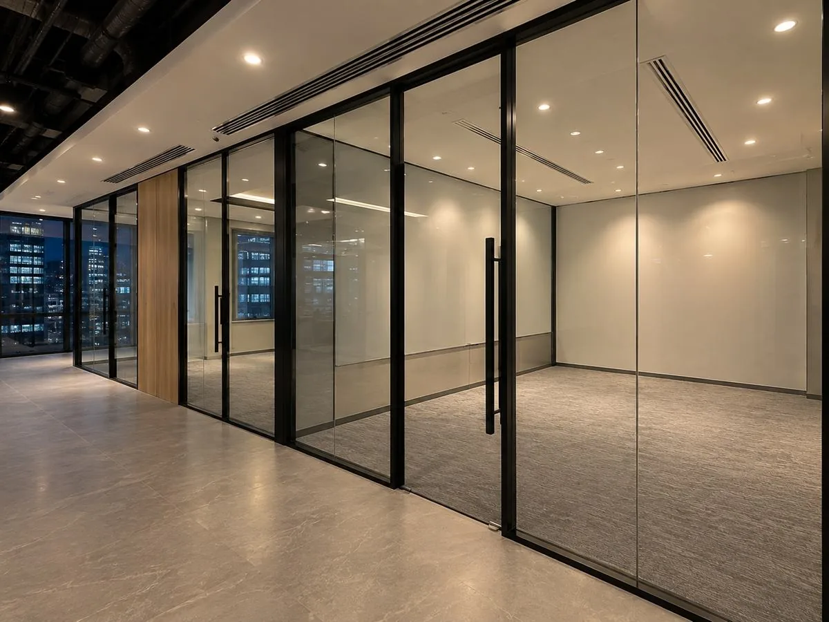 Glass partition meeting rooms along an office corridor